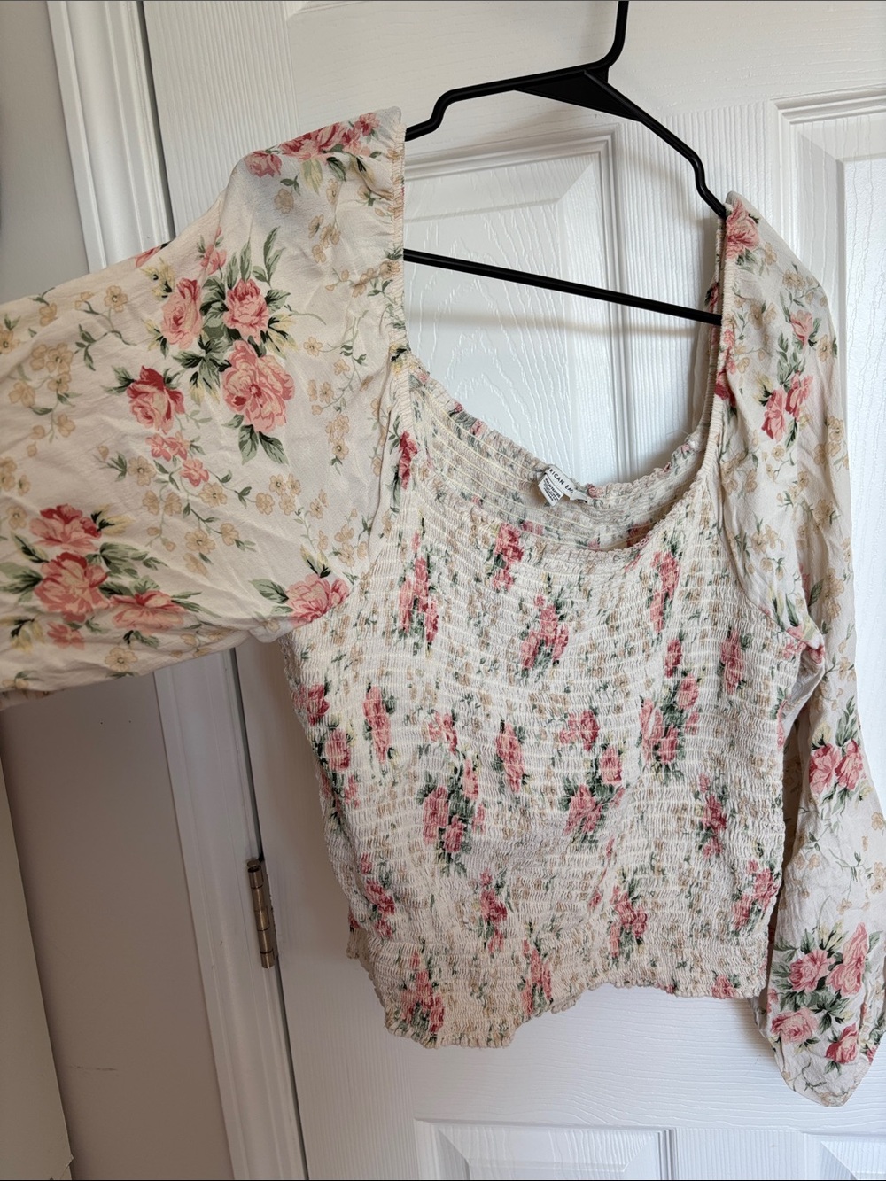 American Eagle Outfitters Cream Floral Shirred Square-Neck Top